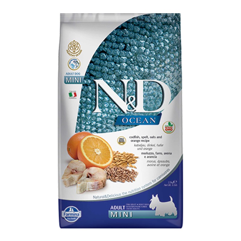 N&D Ocean Düşük Tahıllı Morina Balığı ve Portakallı Küçük Irk Köpek Maması paket görseli