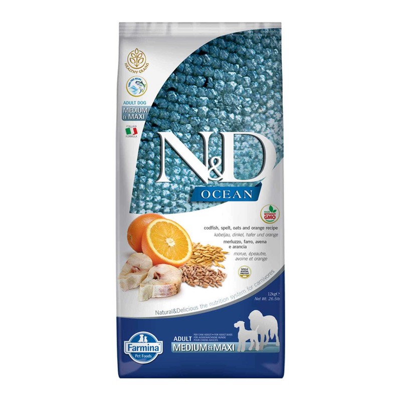 N&D Ocean Düşük Tahıllı Morina Balığı ve Portakallı Orta ve Büyük Irk Köpek Maması paket görseli