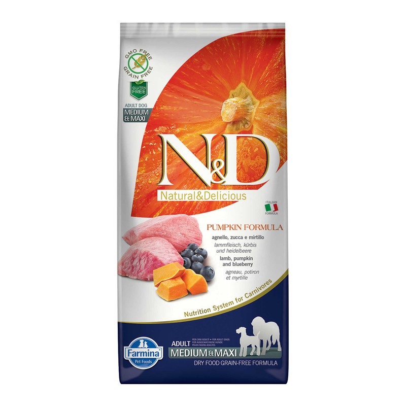 N&D Pumpkin Tahılsız Balkabaklı Kuzu ve Yaban Mersinli Orta ve Büyük Irk Yetişkin Köpek Maması paket görseli