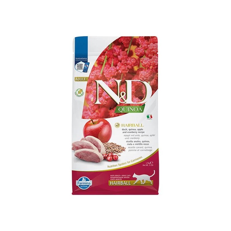 N&D Quinoa Hairball Ördek Etli, Kinoa, Elma ve Kızılcık Kedi Maması paket görseli